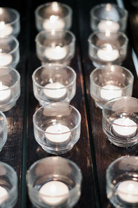 Close-up of lit candles in row