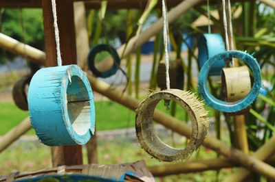 Close-up of wooden decorations