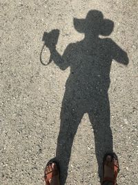 Low section of man standing by shadow on land