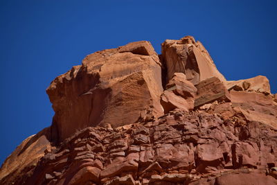 Low angle view of rocks against clear blue sky