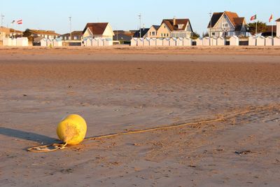 Yellow buoy on sand at beach during sunset