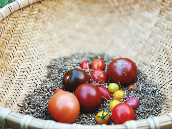 High angle view of tomatoes in basket