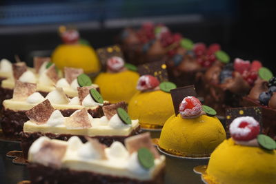 Cakes and desserts in a patisserie store