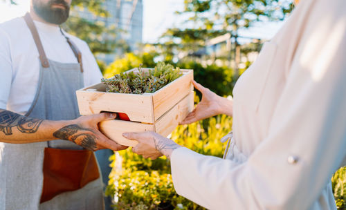 Gardener selling a box of plants to customer. e-commerce, online order concept.