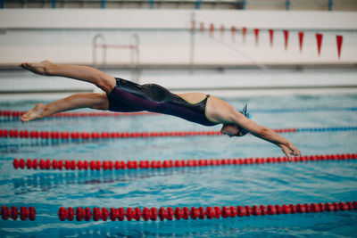 High angle view of swimming in pool