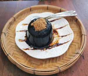 High angle view of dessert in plate on table