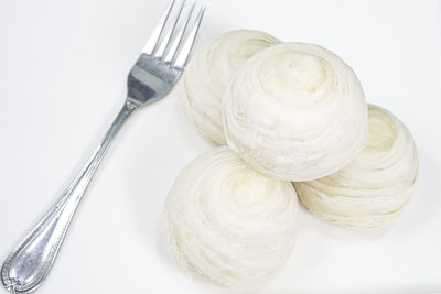 High angle view of bread in plate on table
