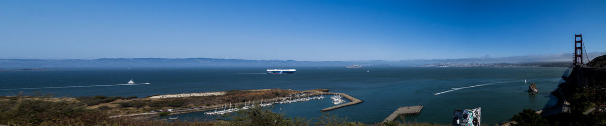 High angle view of bay against clear blue sky