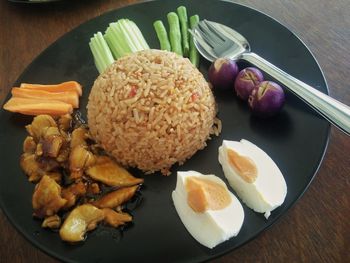High angle view of breakfast served on table