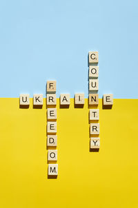 A lot of yellow stickers with words on blue background. concept of  support. stop war in ukraine