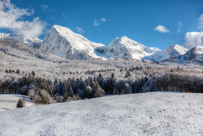 Scenic view of snowcapped mountains against sky