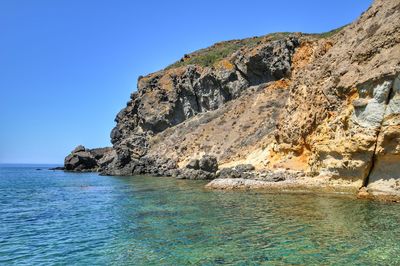 Scenic view of sea against clear blue sky