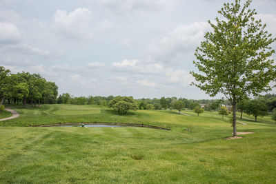 Scenic view of golf course against sky