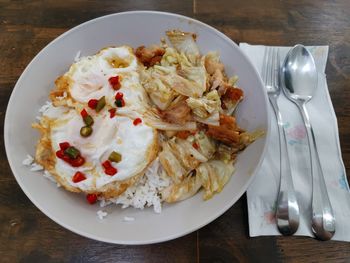 High angle view of food in plate on table