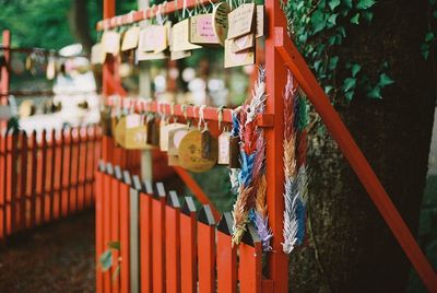 View of padlocks hanging on railing