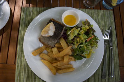 High angle view of breakfast served on table