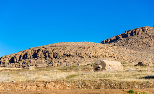 View of rock formations against clear blue sky