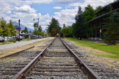 Railroad tracks amidst trees against sky