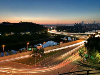 High angle view of light trails on city street