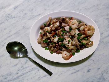 High angle view of food in plate on table