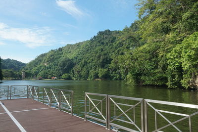 Scenic view of lake in forest against sky