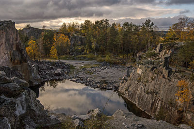 Scenic view of rocks by trees against sky