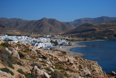 Scenic view of sea and mountains against clear blue sky