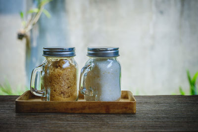 Close-up of drink in jar on table