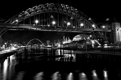 Illuminated bridge over river at night