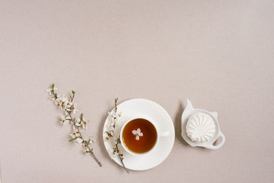 The concept of spring. a cup of black tea with apple blossoms and marshmallows on a plate