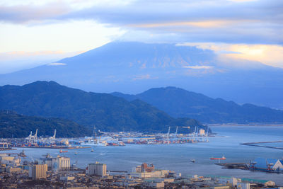 Cityscape and transport port of shimizu bay with top of mount fuji view background from nihondaira 