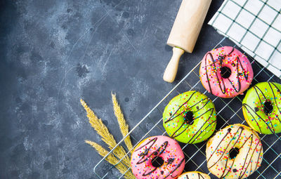 High angle view of candies on table