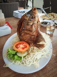 High angle view of breakfast served on table
