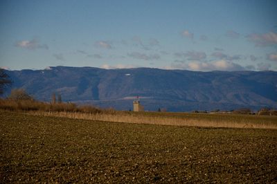 Panoramic view of a tower in the swiss countryside 
