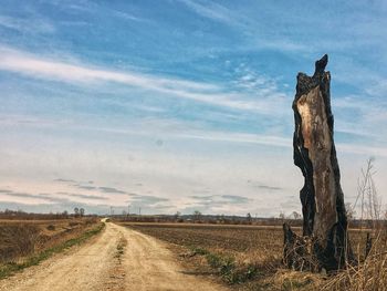 Wooden posts on field against sky