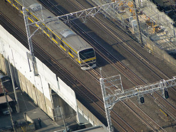 High angle view of train on road in city