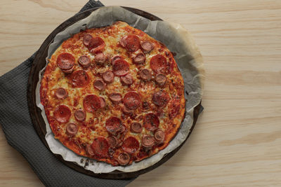 High angle view of pizza on table