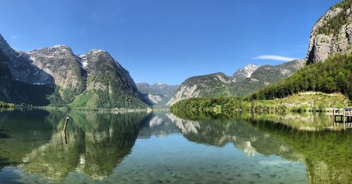 Scenic view of lake and mountains against sky