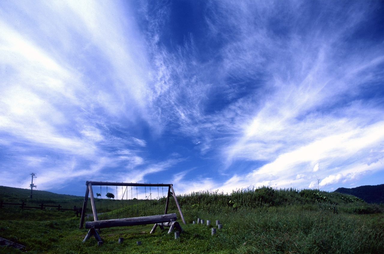 grass, sky, bench, tranquility, field, tranquil scene, grassy, cloud - sky, landscape, empty, nature, scenics, beauty in nature, cloud, blue, absence, green color, relaxation, tree, day