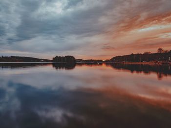 Scenic view of lake against sky at sunset