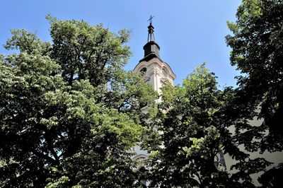 Low angle view of cross amidst trees against sky