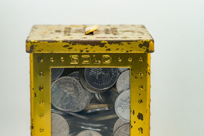 High angle view of information sign on table