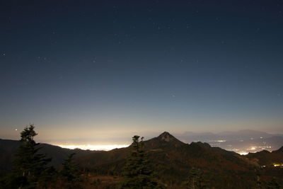 Scenic view of mountains against sky at night