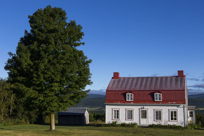 Trees and houses on field against clear blue sky