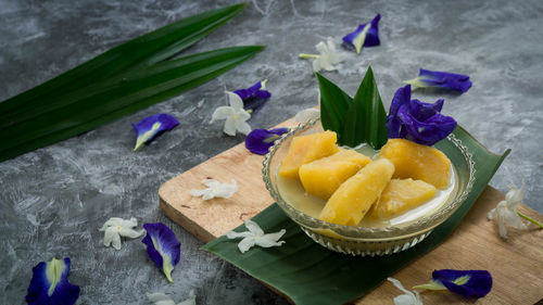 High angle view of dessert on table