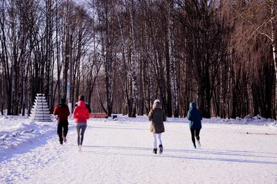 Rear view of people walking on snow covered landscape