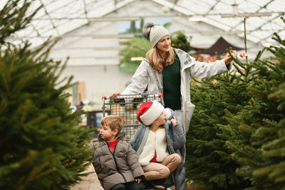 Mother and children choose a christmas tree at a market.