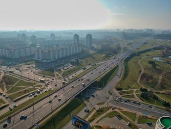 High angle view of road amidst buildings in city