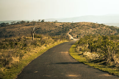 Dirt road along landscape and against clear sky