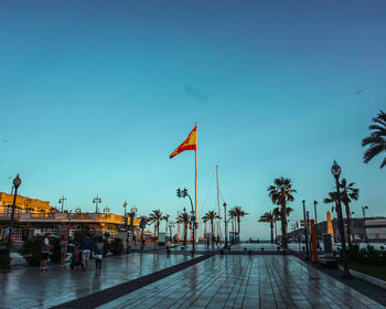 People by palm trees against clear blue sky